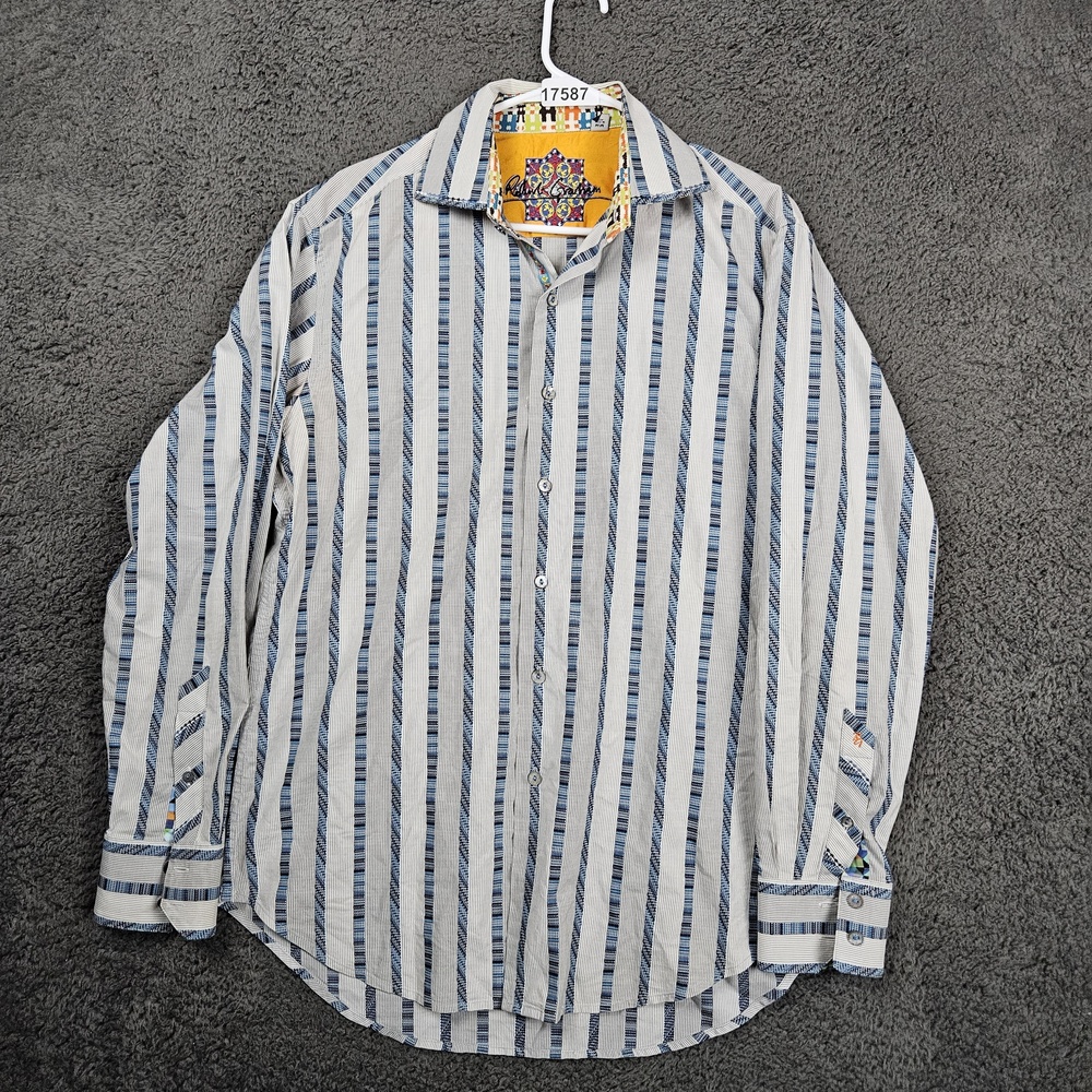 Robert Graham Long Sleeve Button Up Shirt Mens Medium White‎ Blue Striped